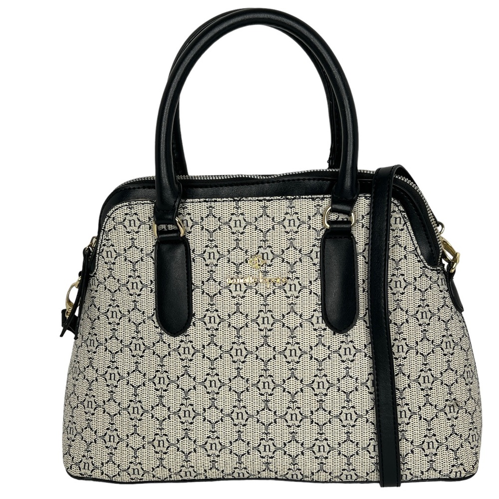 Nanette Lepore Gray Black Logo Print Zip Top Dome Satchel Crossbody Bag - Picture 2 of 13